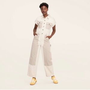 Woolrich Beige Cotton Utility Denim Jumpsuit Wide Leg Boiler Suit Minimalist